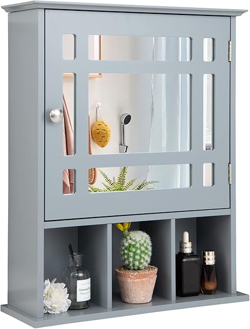 COSTWAY Mirror Door Cabinet, Wall Mounted Display Shelving Unit with Adjustable Shelf and 3 Compartments, Home Office Living Room Bathroom Organiser Storage Cupboard (Grey)