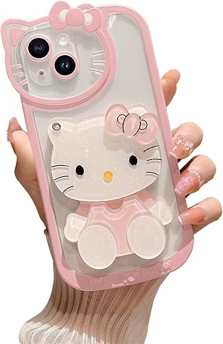 Funda para iPhone 15 Plus Kawaii Pink Cute Cartoon Phone Case con espejo, elegante y bonita funda para iPhone 15 Plus de 6.7 pulgadas, color rosa