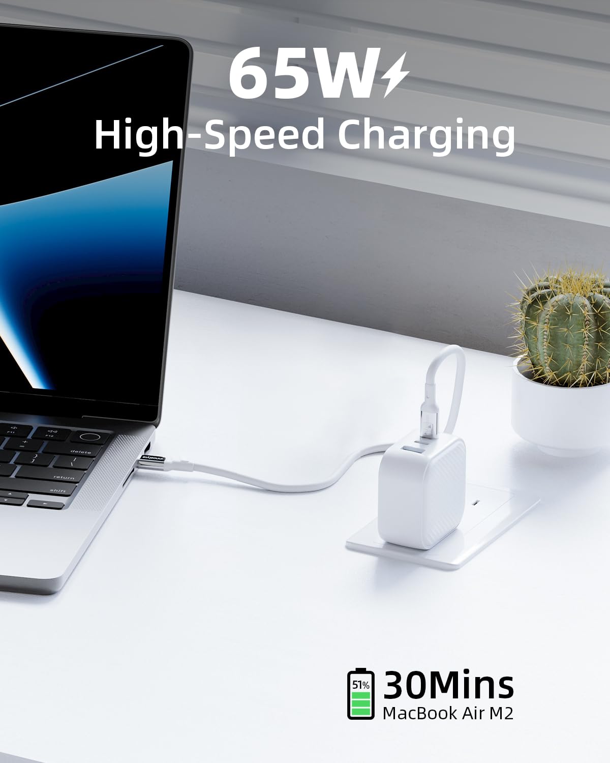 Cargador Innostyle Mini Cube GAN 65W, 3 Puertos USB-A y USB-C, Carga Rápida, Viaje, Enchufe Switch-and-go, Compacto y Eficiente, Compatible con iPhone, Galaxy, iPad.