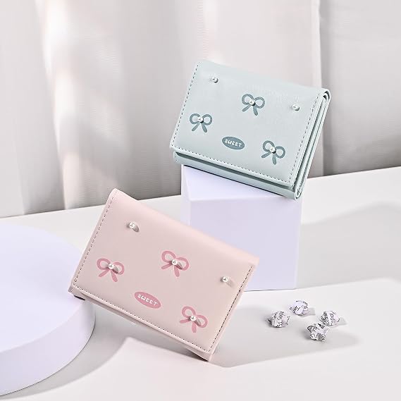 Small Wallets Woman, Cute Tri-fold Coquette Wallet for Women with Bow Design, Compact Credit Card Holder Purse with ID Window for Coin Cash Change (Pink)