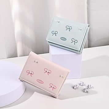 Small Wallets Woman, Cute Tri-fold Coquette Wallet for Women with Bow Design, Compact Credit Card Holder Purse with ID Window for Coin Cash Change (Pink)