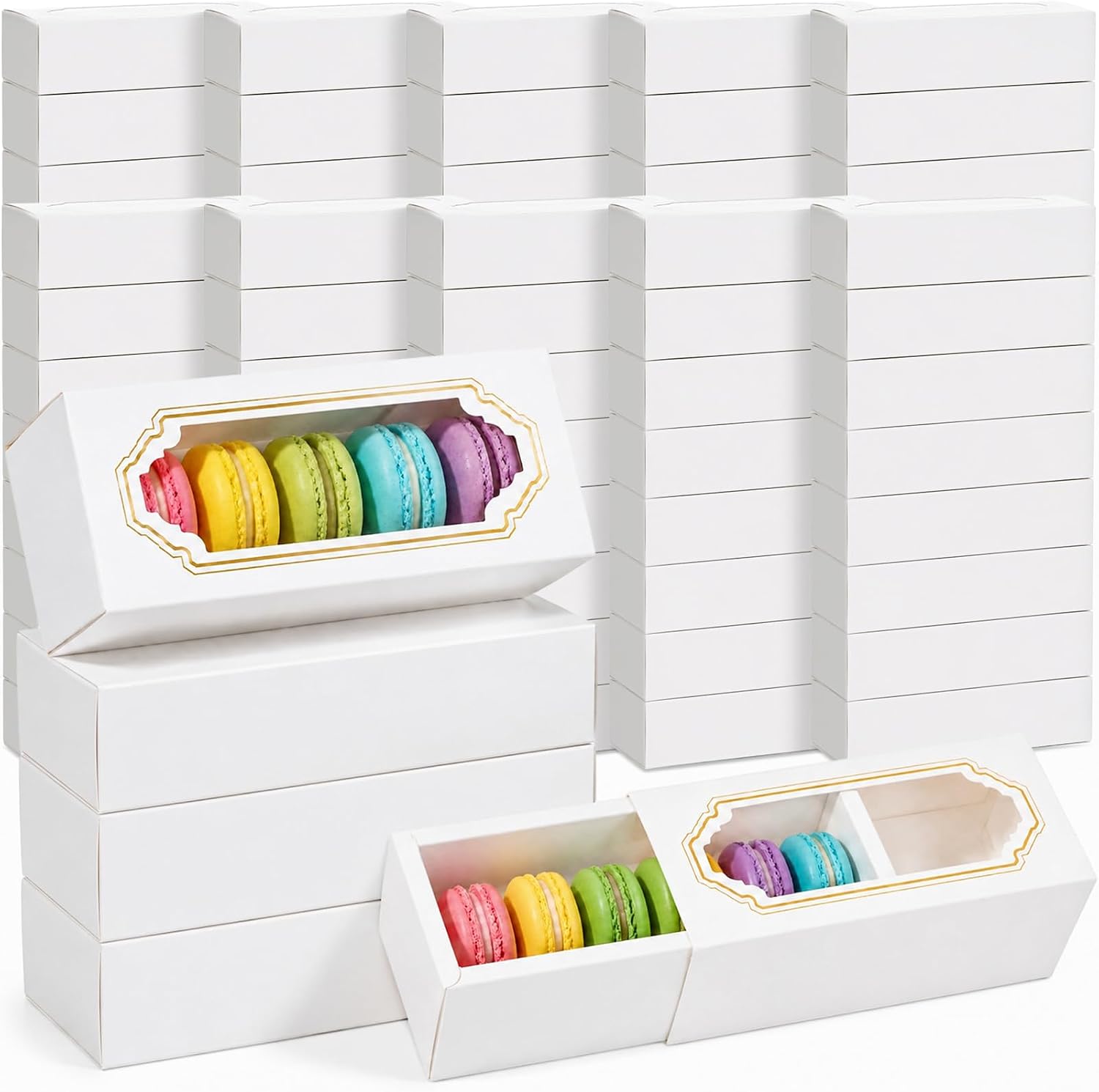 100 Pcs White Macaron Boxes with Clear Window Drawer Bakery Packaging Container for 5-6 Macarons Cookie Candy Donuts Truffles Strawberry Chocolate Dessert Wedding Valentine's Day Gifts