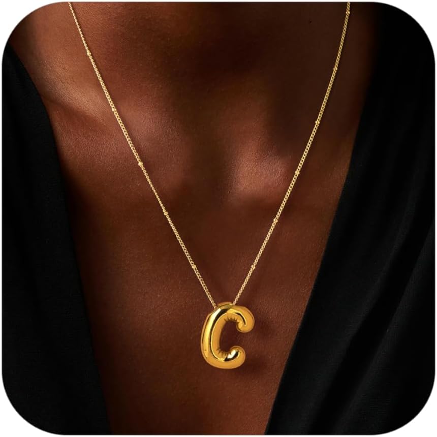 Bubble Letter Necklace Gold, 14k Gold Plated Balloon Initial Necklaces for Women Trendy, Dainty Personalized Name Initial Pendant Letter Charm Necklaces Women Trendy Stuff Gold Jewelry Christmas Gifts