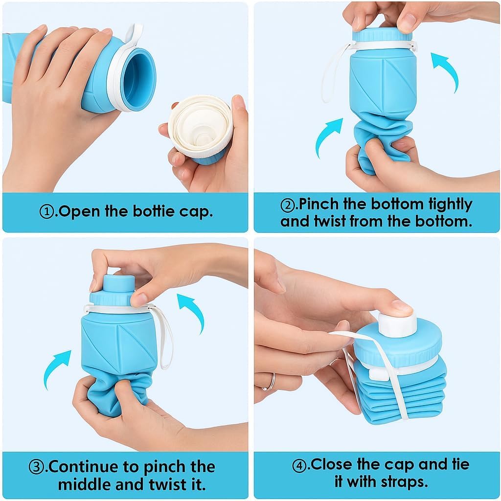 Folding Silicone Water Bottle | Collapsible Travel Water Bottle for Gym, Office, School, Cycling, Hiking & Outdoor Sports | Leak-Proof, Portable Bottle | 600 Ml (Blue)