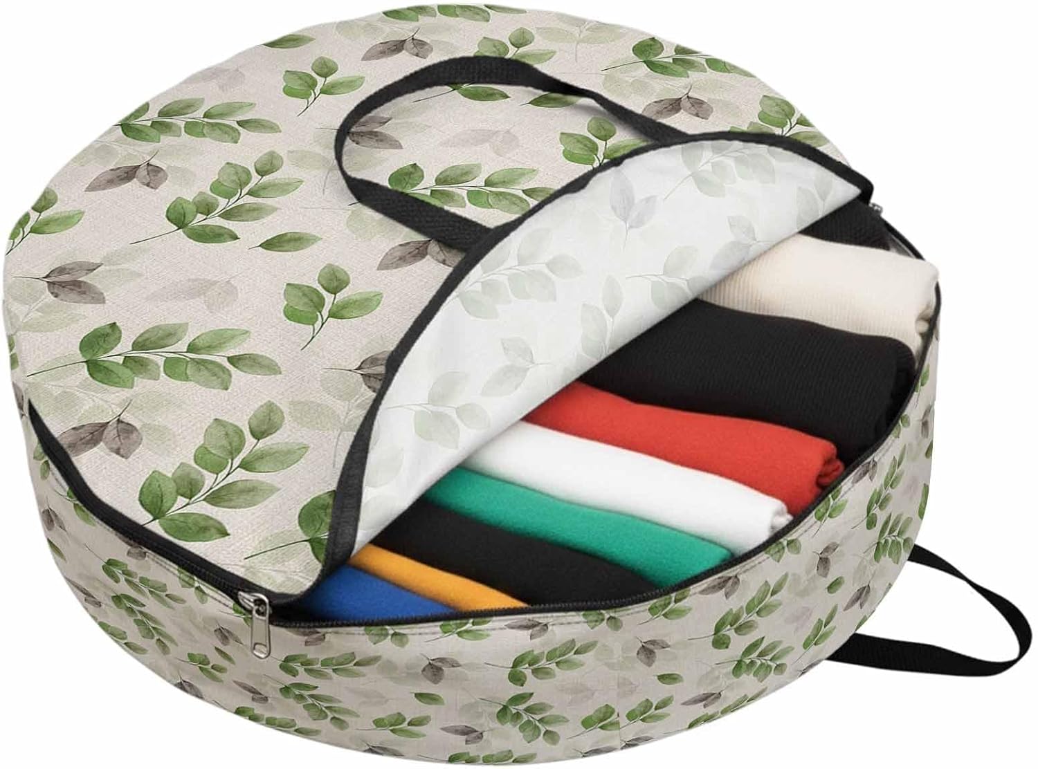 Gray Green Round Storage Bag 36 Inch, Eucalyptus Leaves Linen Background Clothes Storage Container with Handles Heavy Duty Organizer for Comforter, Bedding & Holiday Wreaths