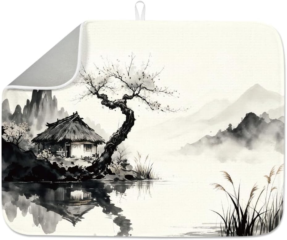 INFUNLY Japanese Art Dish Drying Mat Wash Painting Dishes Drainer Mat for Kitchen 24x18Inch Microfiber Polyester Cotton Absorbent Draining Pad Heat Resistant Coffee Bar Counter Mat with Hanging Loop