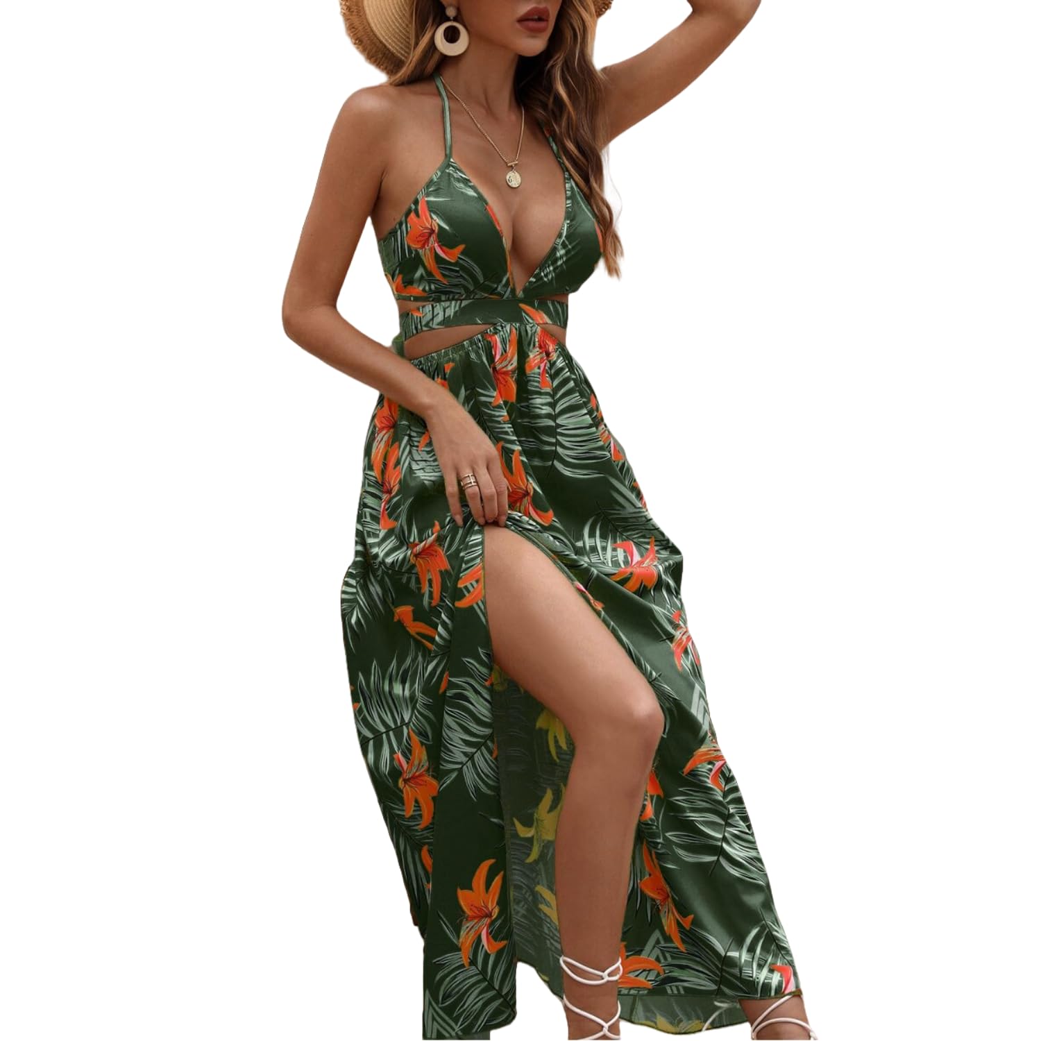 Women's Hawaiian Dresses Long Cami Backless Tropical Maxi Sun Dress Summer Vacation Outfits