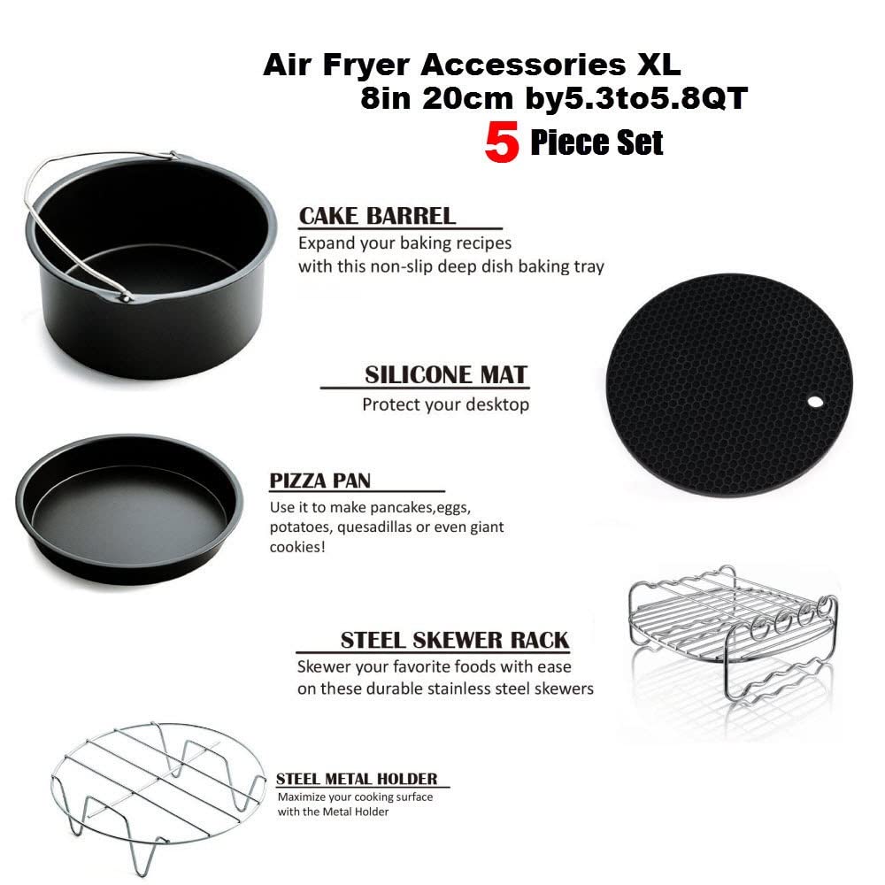 8 Pulgadas Accesorios Para Freidoras De Aire 5 Piezas Para Todas Las Freidoras De Aire De 5.2-5.8QT Incluye Molde Para Pasteles, Molde Pizza, Soporte De Metal, Estante Brochetas, Tapete De Silicona