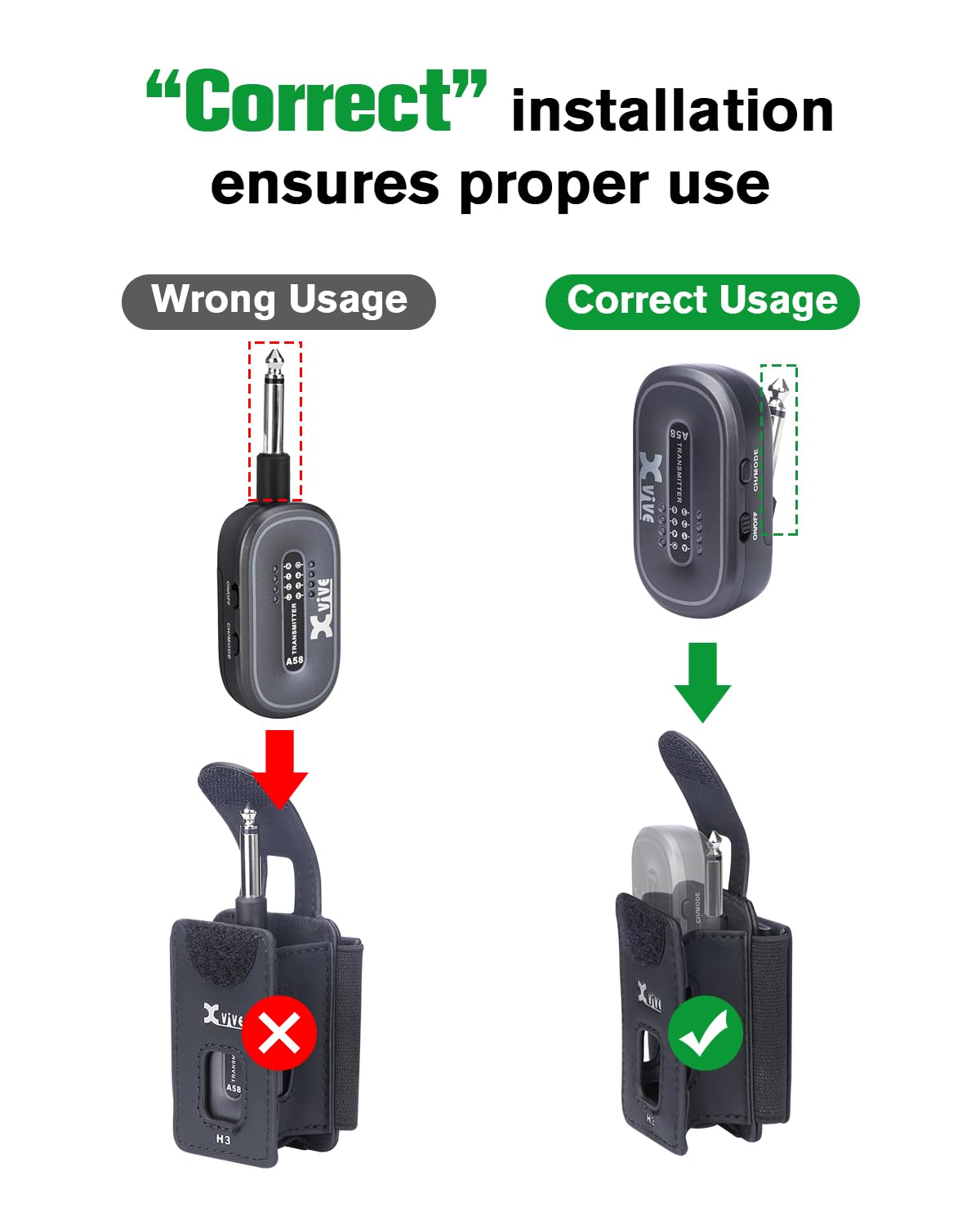 Xvive H3 - Supporto trasmettitore per chitarra, per sistemi wireless A58 e P58, con adattatore TS maschio da ¼" a TS femmina da ¼"