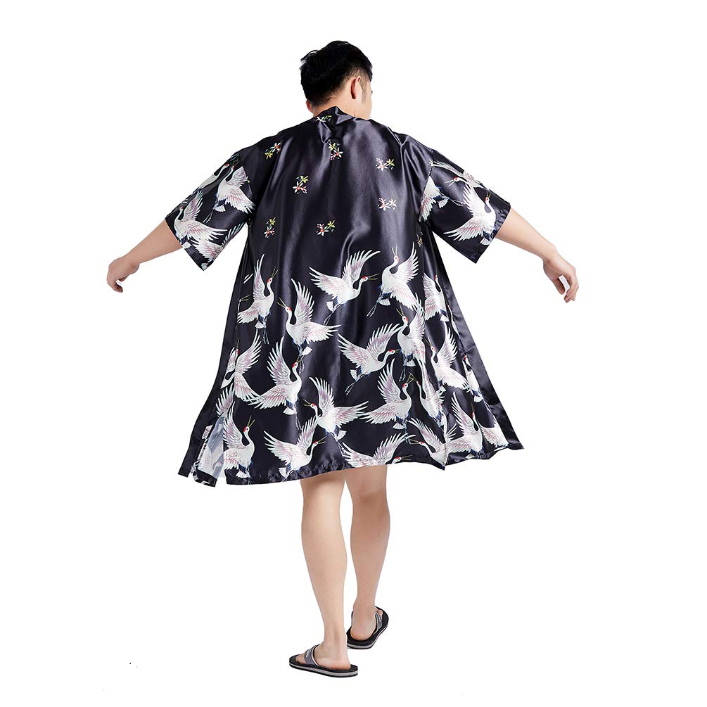 HAORUN Men Japanese Kimono Coat Loose Yukata Outwear Long Bathrobe Tops Vintage (Black-Satin, x_l)