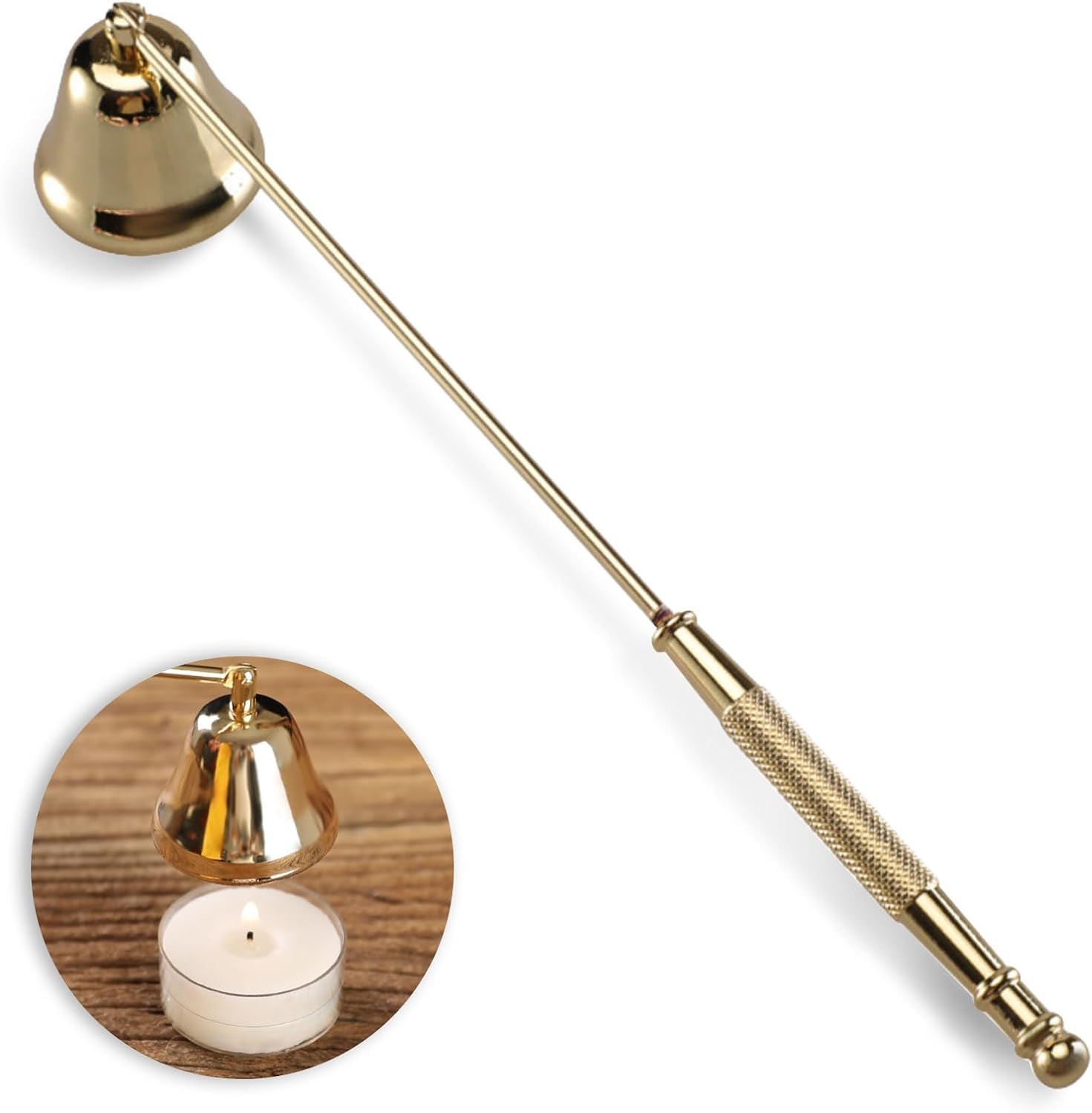 zpepe Candle Snuffer Extinguisher with Long Handle, Stainless Steel Wick Flame Snuffer for Putting Out Wick Flame Safely (Gold Accessory)