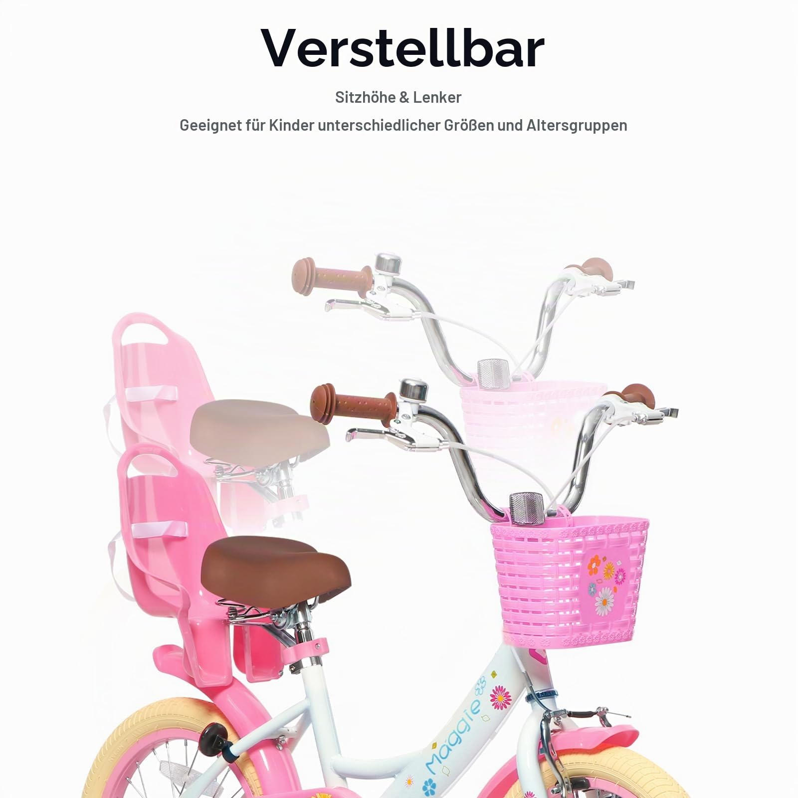 Glerc Maggie 16 Zoll Mädchen Fahrrad Alter 4 5 6 7 Jahre, Kinder und Kleinkinder Prinzessin Fahrrad Barbie Fahrräder mit Puppe-Sitz & Korb & Stützräder für Geschenk, Weiß