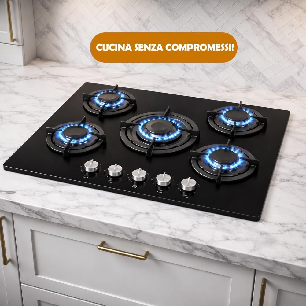BAKAJI Piano Cottura in Vetroceramica da 70 cm per Alimentazione a Gas e Griglia in Ghisa, 5 Bruciatori, Fornelli in Vetro Lavabili per Cucina, Facile da Pulire con Manopole di Controllo a Ponticello