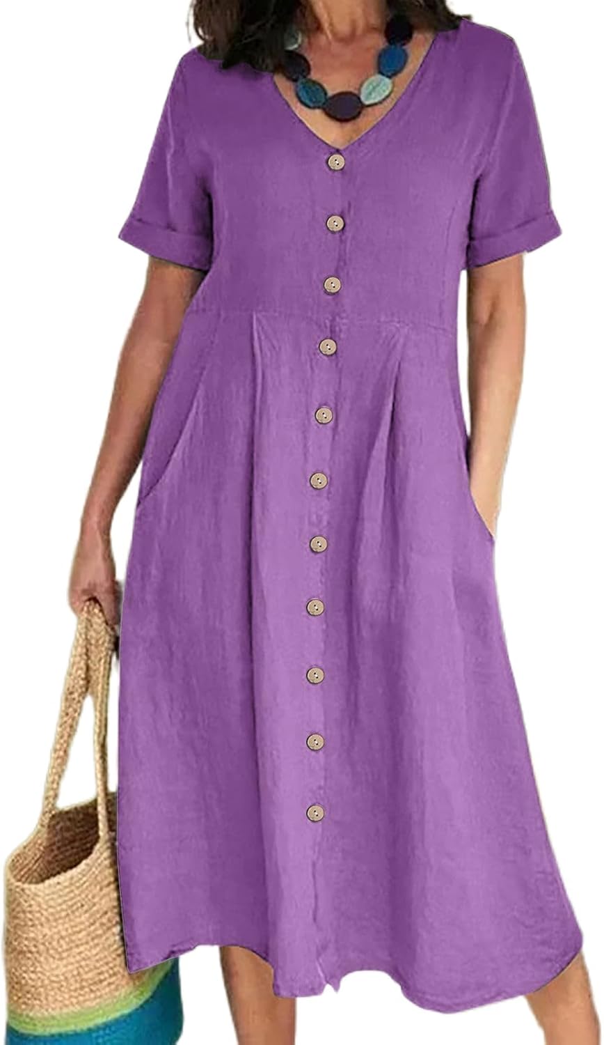 Women Linen Dresses Summer 2024 Button Down Casual Short Sleeve V Neck Long Flowy Midi Dress with Pockets
