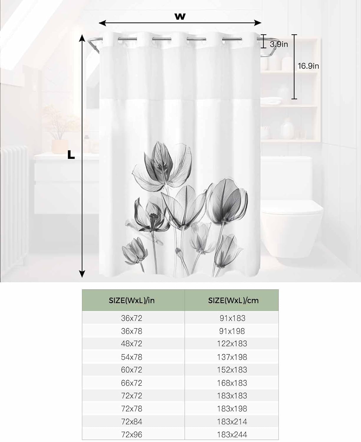 No Hooks Shower Curtain with Snap Liner Abstract Black Laser Tulip Flowers White Texture Bath Curtain with See Through Top Window 36"x78" for Bathroom Spa