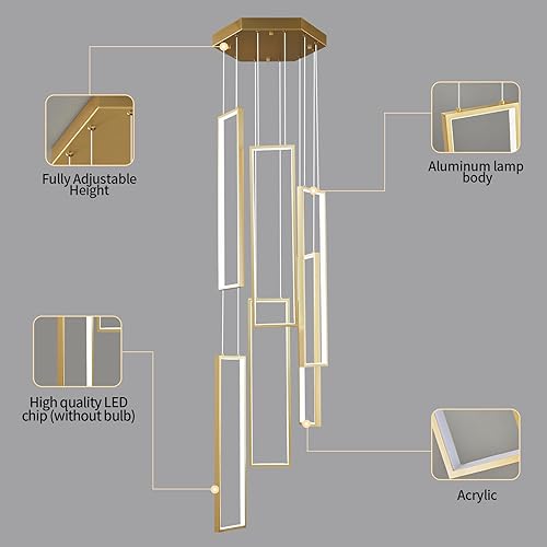 Miniatura 128 de Lámpara colgante moderna para isla de cocina, regulable, color negro, 54 W, luces colgantes LED, 4 anillos, candelabros rectangulares, escalera