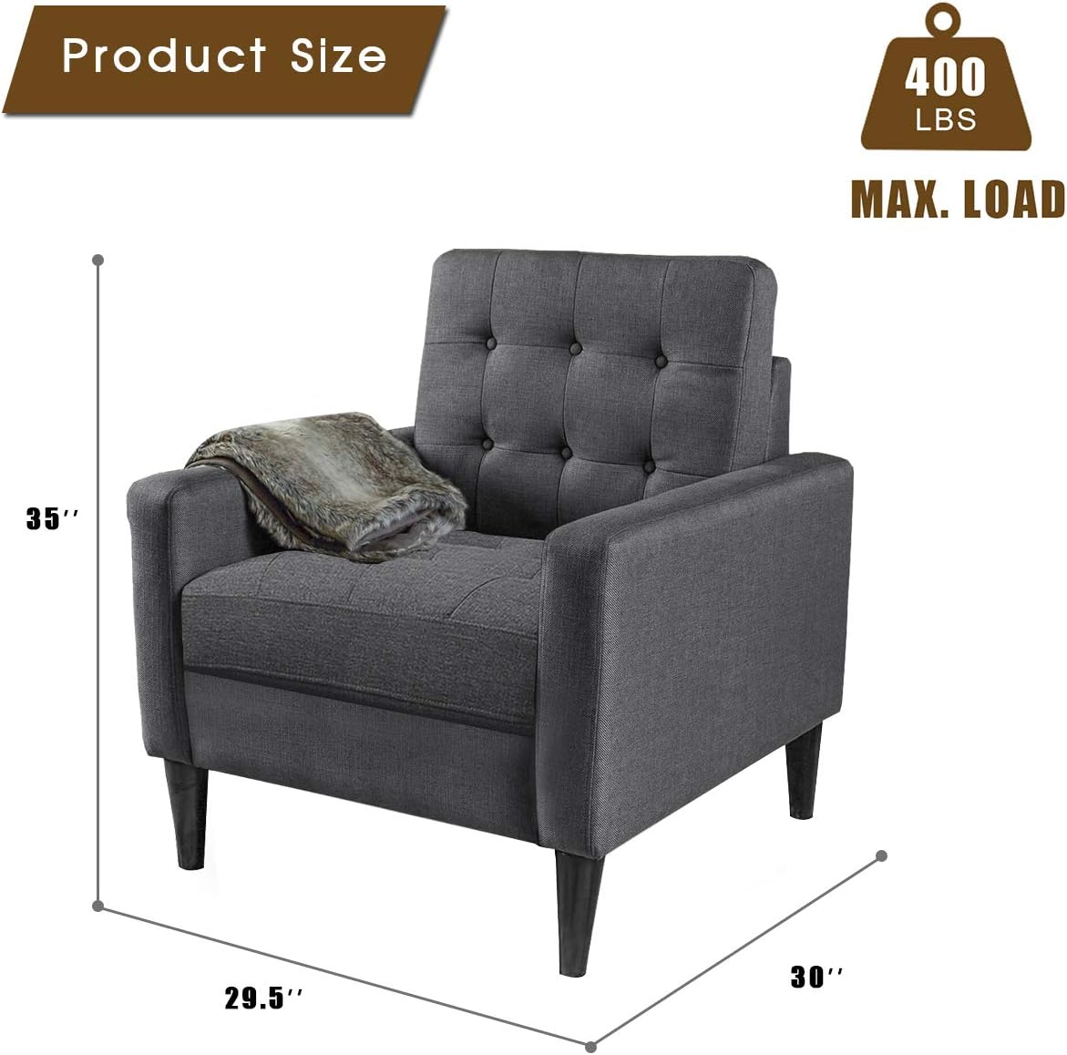 Modern Accent Chair, Living Room Arm Chairs, Single Sofa Upholstered Comfy Fabric Mid-Century Modern Furniture for Bedroom Office, Living Room, Dark Grey