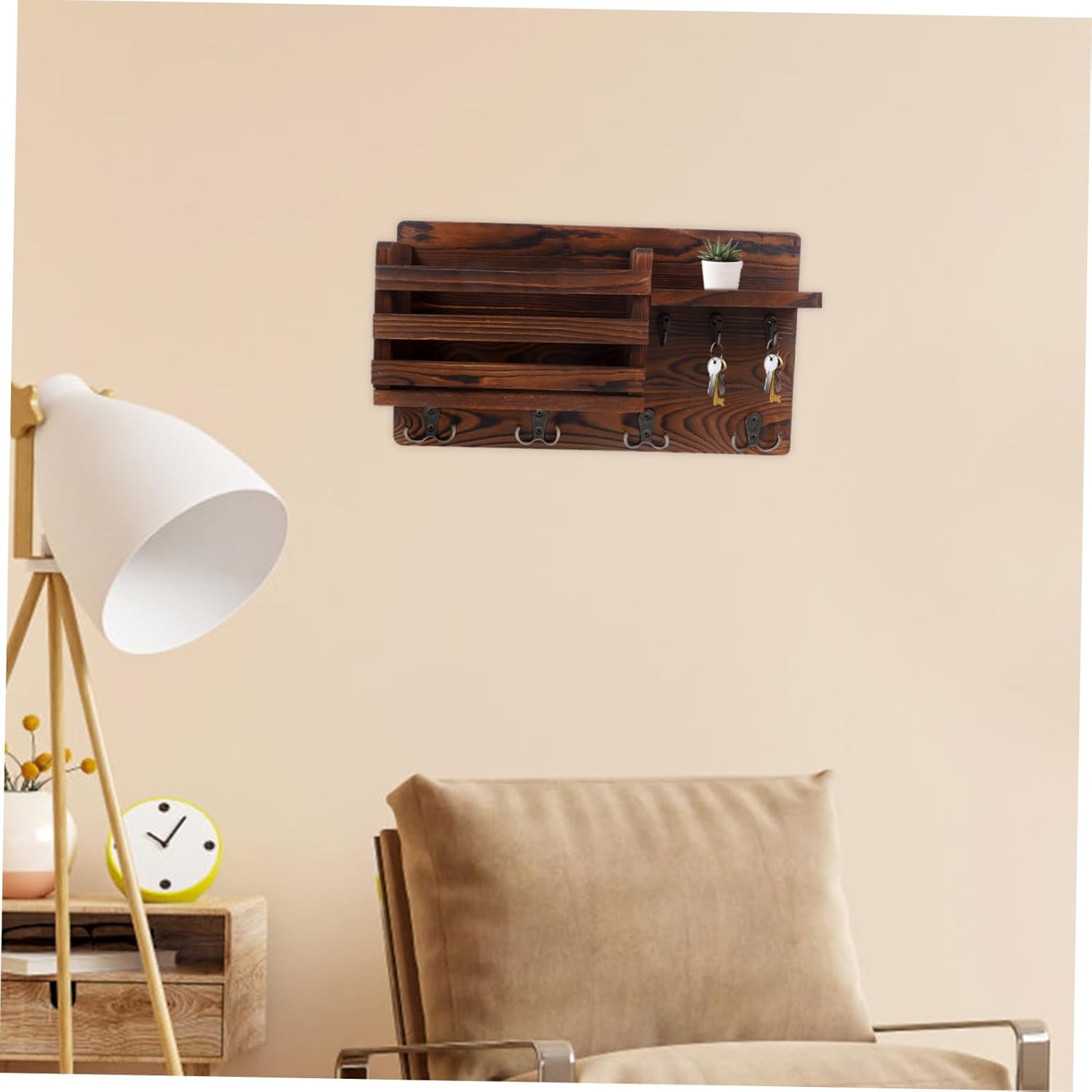 Multi Functional Wooden Key Rack with Hooks Wall Mounted Storage Shelf for Keys Mail and Items Stylish Home Decor for Living Room and Hallway and Easy