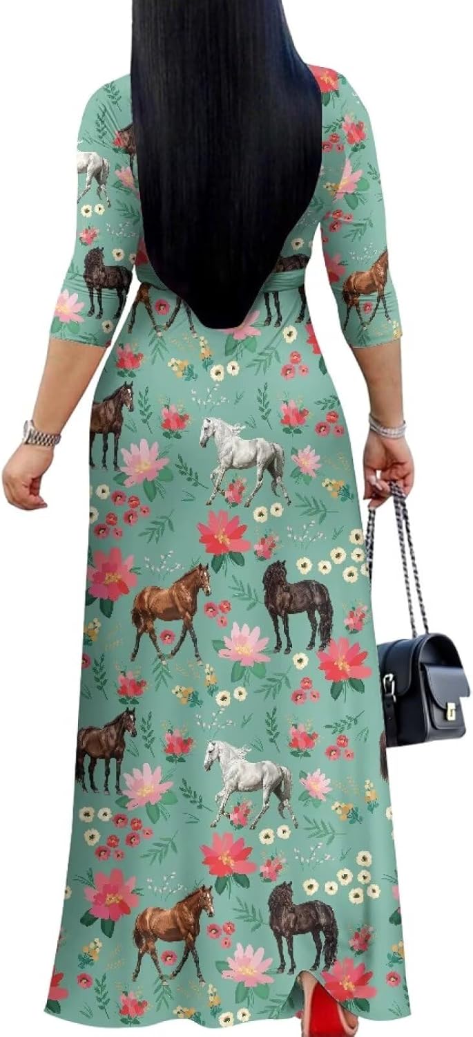 Plus Size Maxi Dress for Women Casual Summer Sundress V-Neck 3/4 Sleeve Dress with Pockets