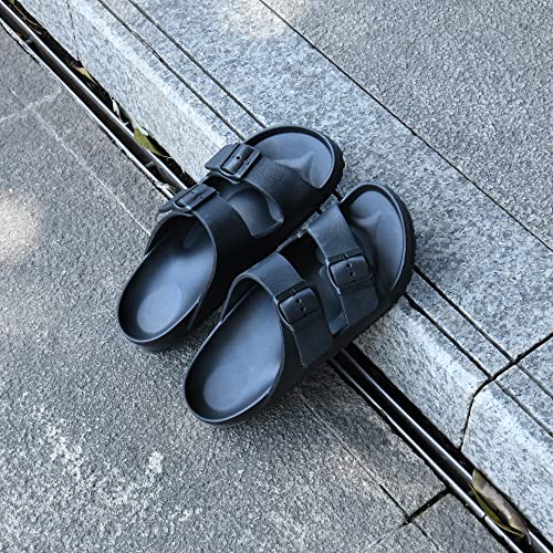Dl Women's Slides-Sandals Double Buckle Slip On-Summer-Slippers Adjustable Eva-Sandals Black Waterproof Swim Pool Bath Shower Shoes For Women Comfortable Non Slip #TOP7