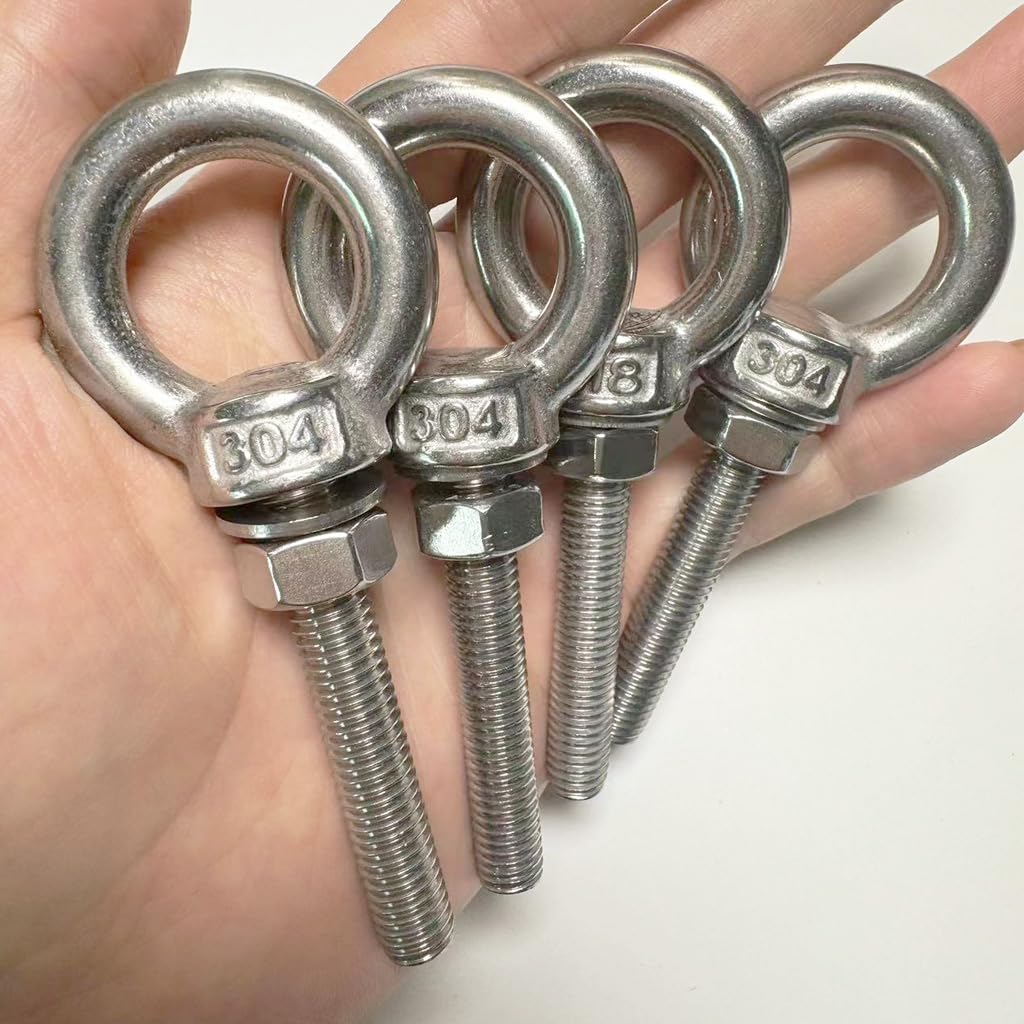 304 Stainless Steel Eye Bolt, 4 PCS M8 Heavy Duty Lifting Ring 1.6" Threaded Eyebolt Shoulder Eye Bolts with Nuts and Flat Washers(Thread Length 40mm)