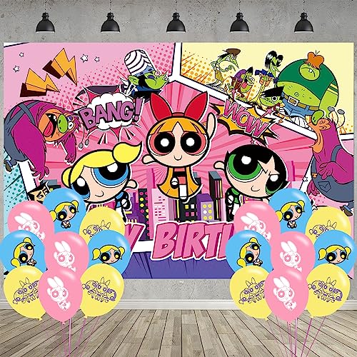 Power Girls Birthday Party Decoration Girls Party Photo Background 5 x 3 FT and 18 Pcs Balloon Power Girls Merch Party Backdrop Supplies