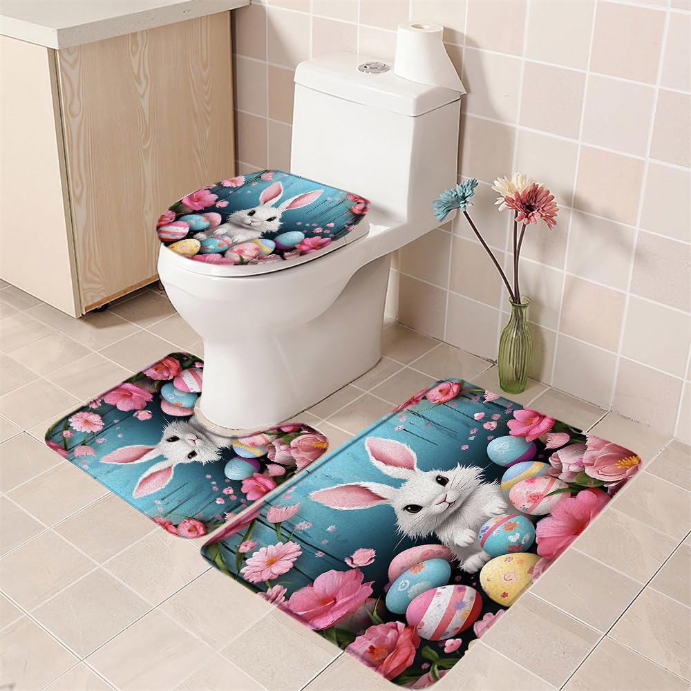 3PCS Easter Bunny Bath Mat Set Spring Watercolor Pink Floral Cute White Rabbits Easter Eggs Holiday Blue Bathroom Kitchen Floor Mat Doormat,Toilet Lid Cover and Bath Mat Microfiber Home Decoration Rug