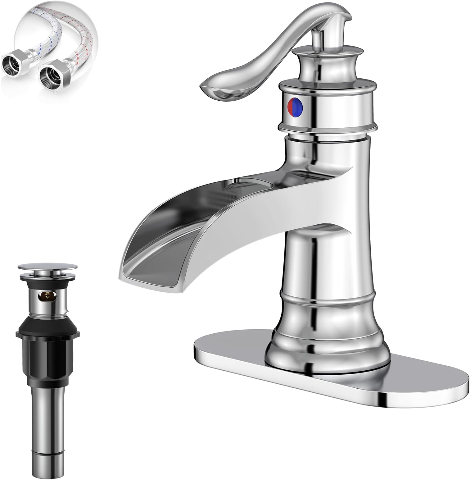 Bathroom Faucet Chrome Waterfall Single Hole Sink Vanity One Handle with Pop up Drain Assembly Mixer Tap Overflow Lead-Free | 1 Hole or 3 Hole,Pop-up Drain,Deck Panel,Supply Line,Easy to Clean,Simple Installation,Rust Resistant for Long-Lasting Use