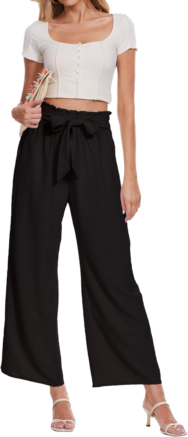 Beautiful Nomad Women's Wide Leg Lounge Pants High Waist Adjustable Knot Loose Casual Work Flowy Trousers with Pockets Black - Image 3