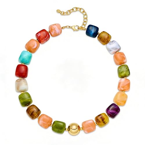 WOWORAMA Colorful Chunky Necklaces for Women Trendy Multicolor Large Square Resin Beads Necklace Boho Chunky Statement Choker Necklaces Y2K Summer Jewelry