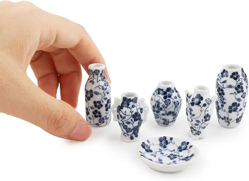 Dollhouse Vase 7 Pcs Set Miniature 1/12 Scale Blue Flower White Porcelain Vases Set, Dollhouse Decoration Accessories