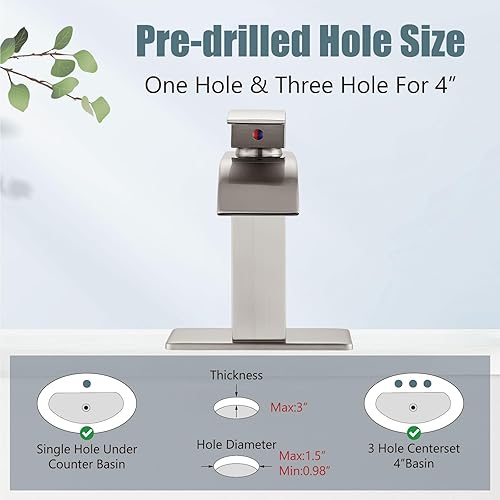 Miniatura 3 de Aolemi Grifo de baño con boquilla de cascada de níquel cepillado, una sola manija, 1 agujero, montaje en cubierta, lavabo mezclador de lavabo con