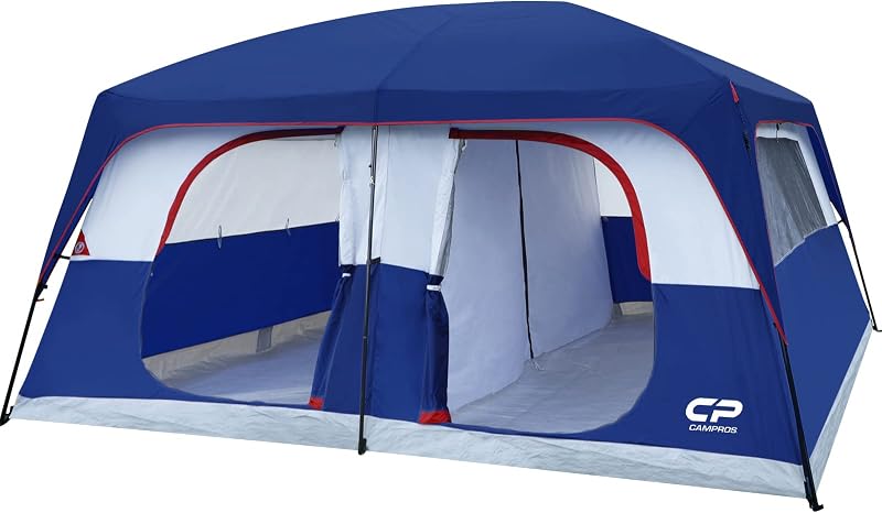 CAMPROS CP Camping Tent 10/12 Person Cabin Tent, 2 Room Water Resistant | Waterproof Tent with Top Rainfly, 3 Large Mesh Windows, Double Layer, Easy Set Up, Portable with Carry Bag