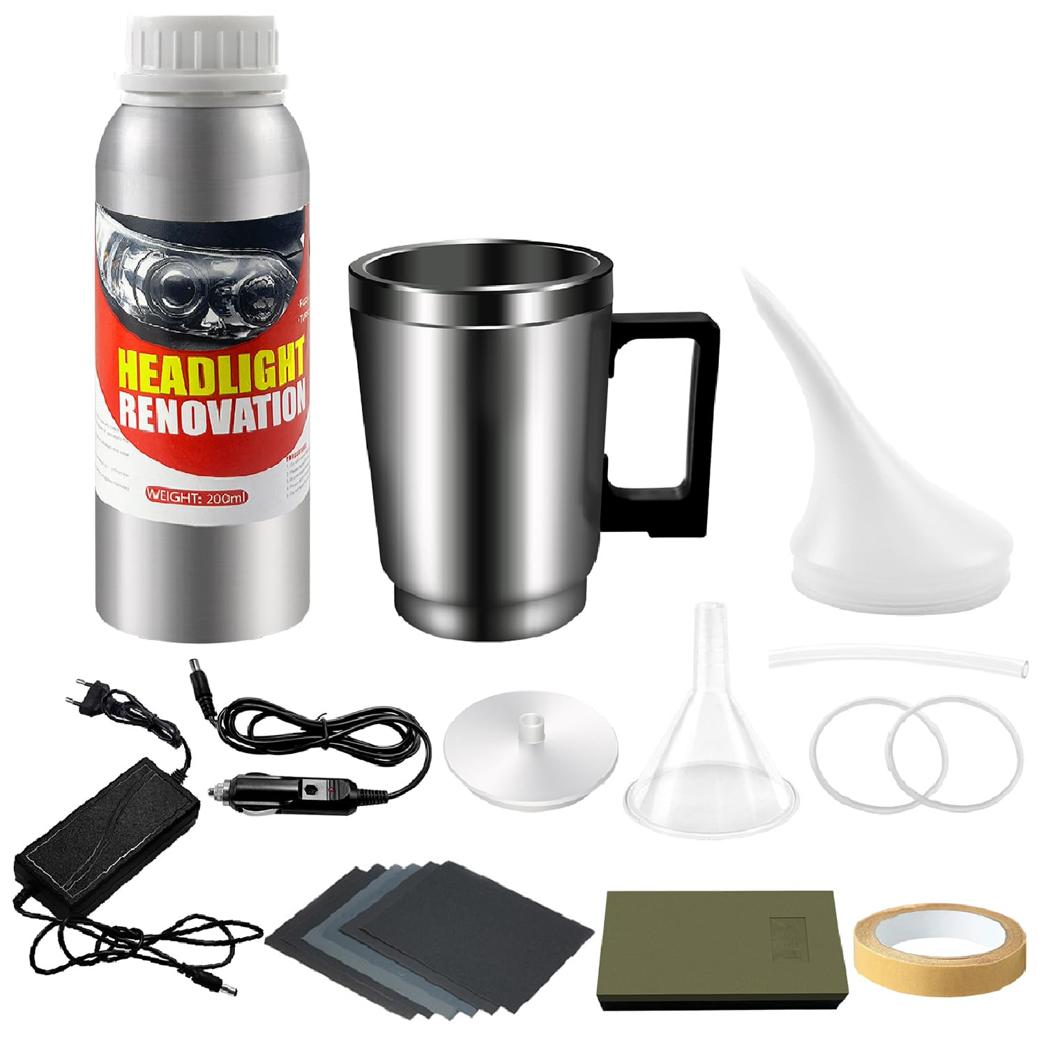 Kit Renovation Phare Voiture 200ml, Kit de rénovation de phares de Voiture avec Tasse d'atomisation, Kit Polissage jaunissement Flou Scratch du Phares des Auto et de Moto