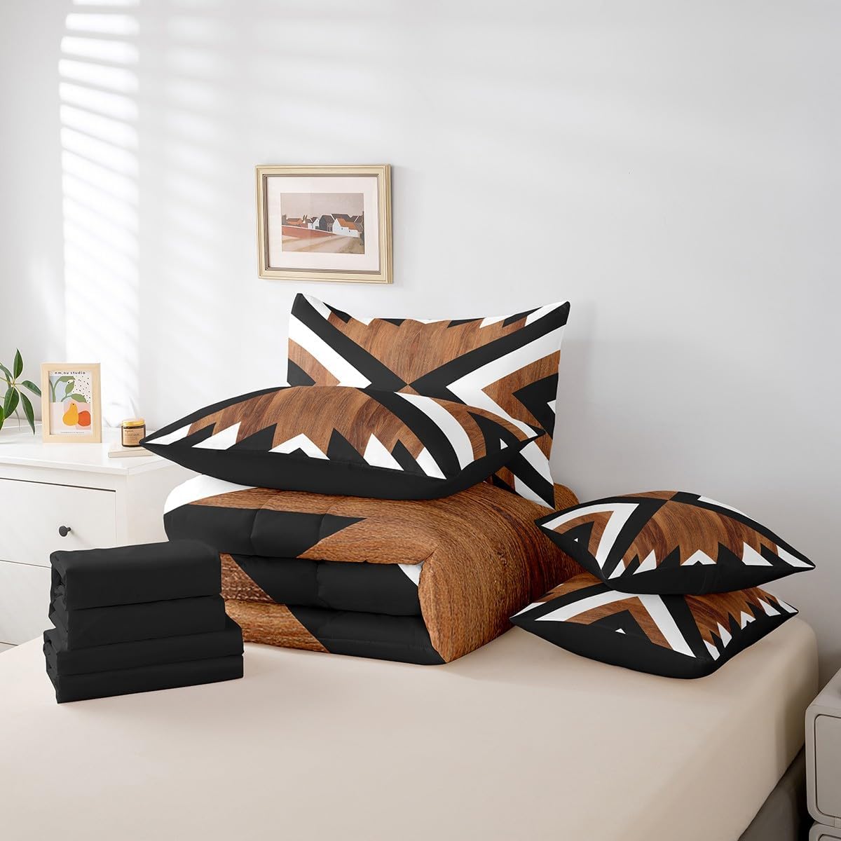 jejeloiu Boho Comforter Set with Sheets Queen Size Southwest Native American Design Bed in a Bag Set Retro Exotic Boho 7 Pieces Bedding Set Tribal Bed Set Coffee Brown