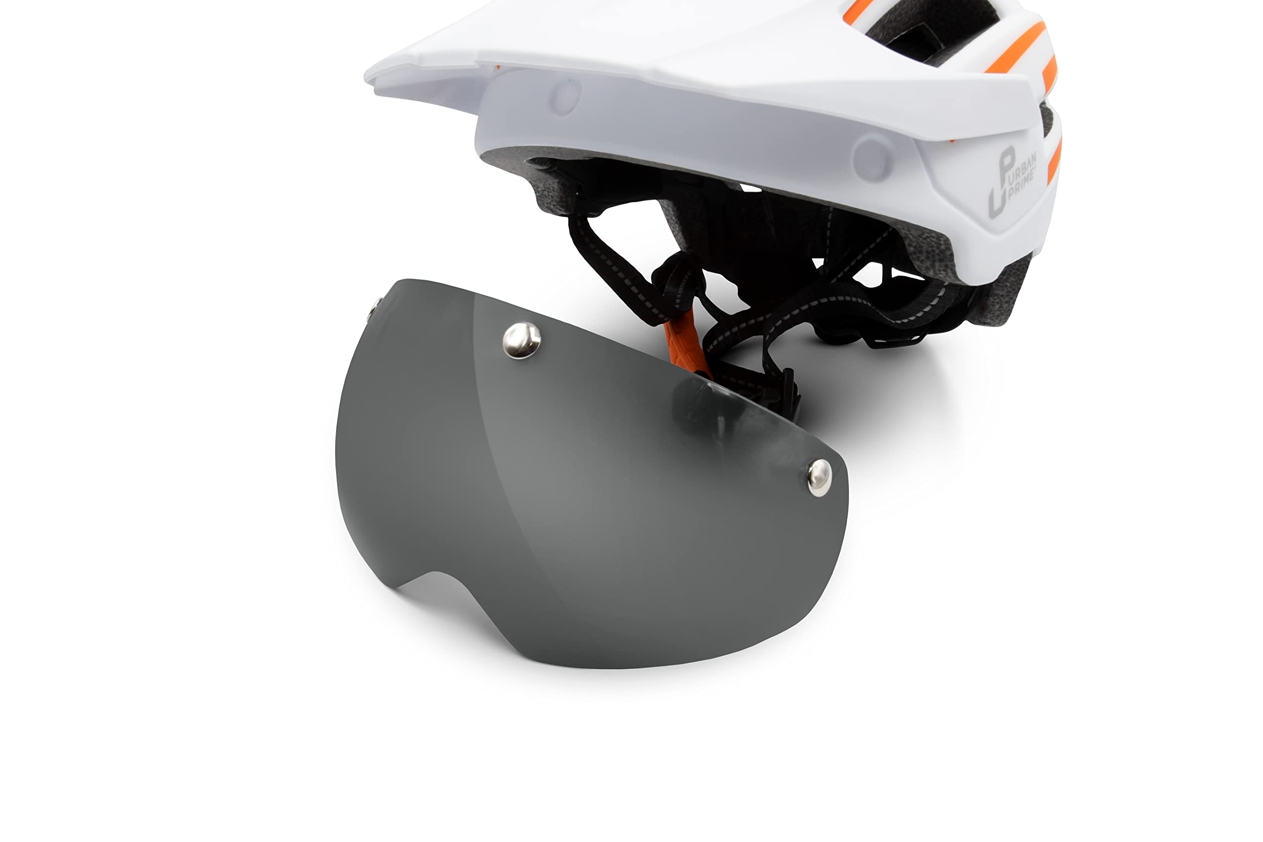 Energy Helmet, Casco Protettivo con Visiera e luci per Bici, ebike e Monopattino Elettrico Unisex Adulto, Bianco e Arancione, L