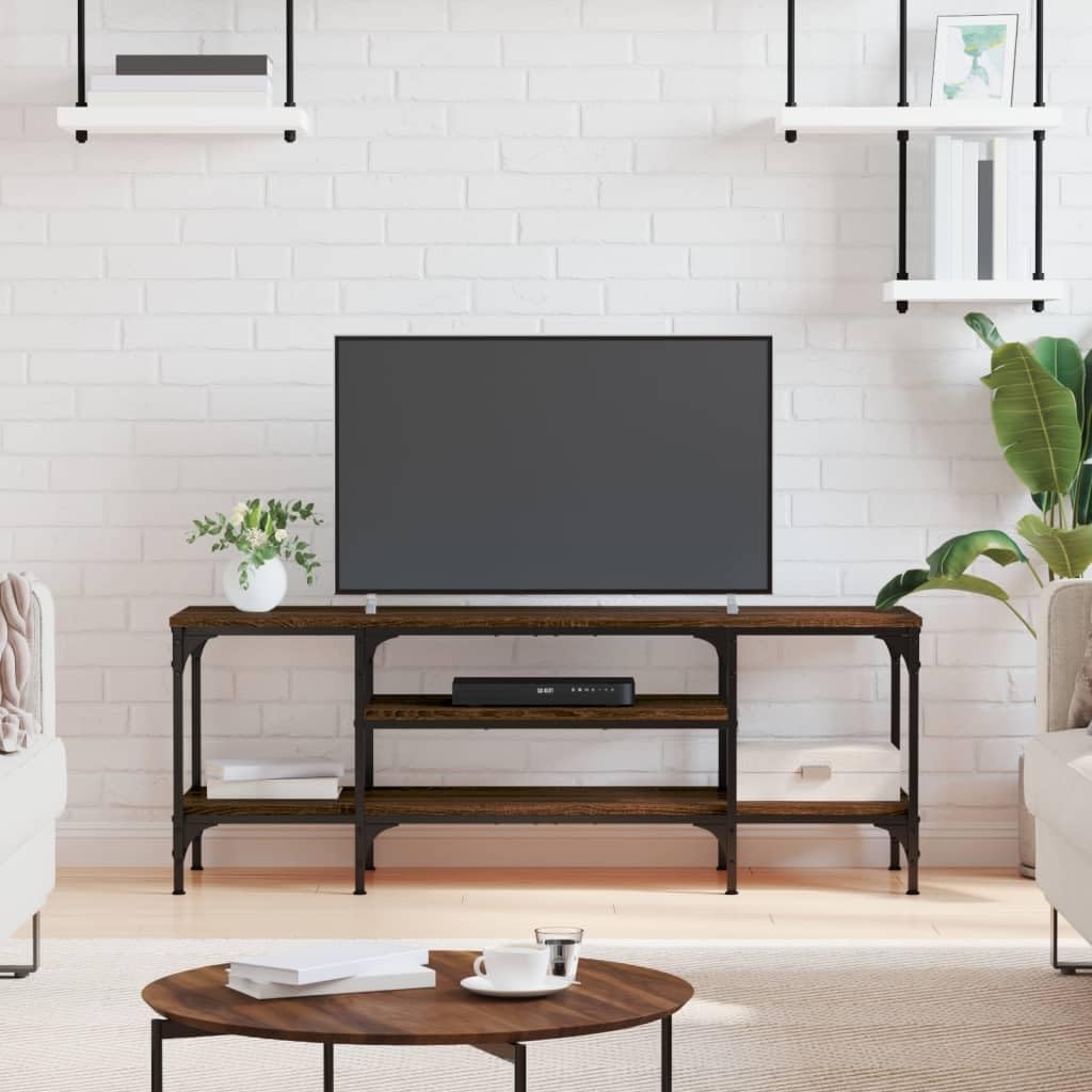 Mobile TV Consolino marrone effetto rovere 121 x 35 x 45 cm con ripiani e robusto piano superiore in legno e ferro per riporre e riporre oggetti