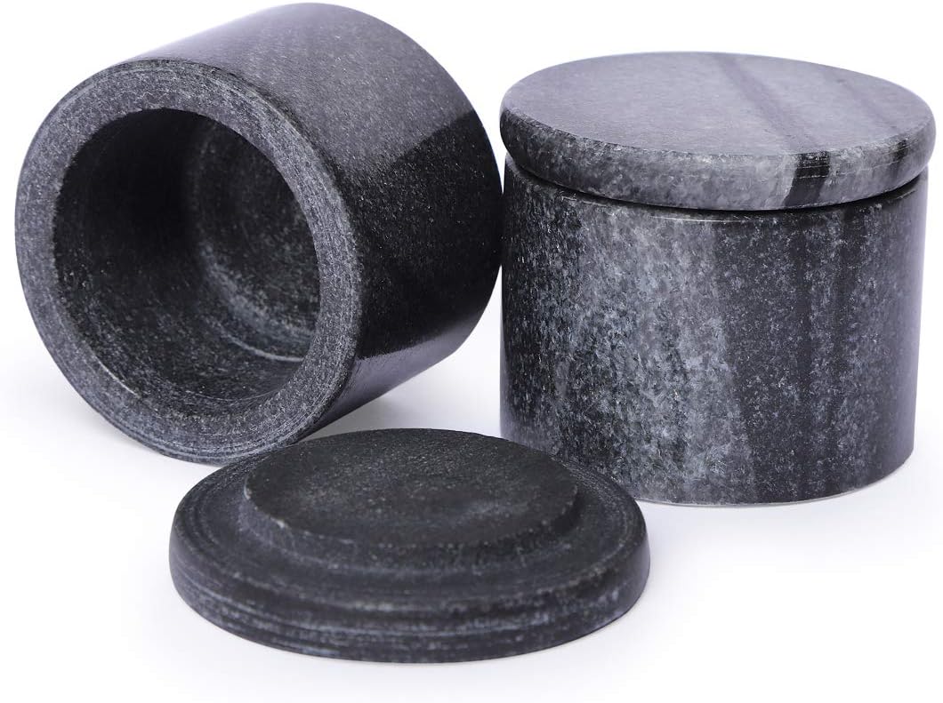 NikkisPride Unique Salt and Pepper Cellar Box Marble Covered with Marble lid Set of 2 (Black)