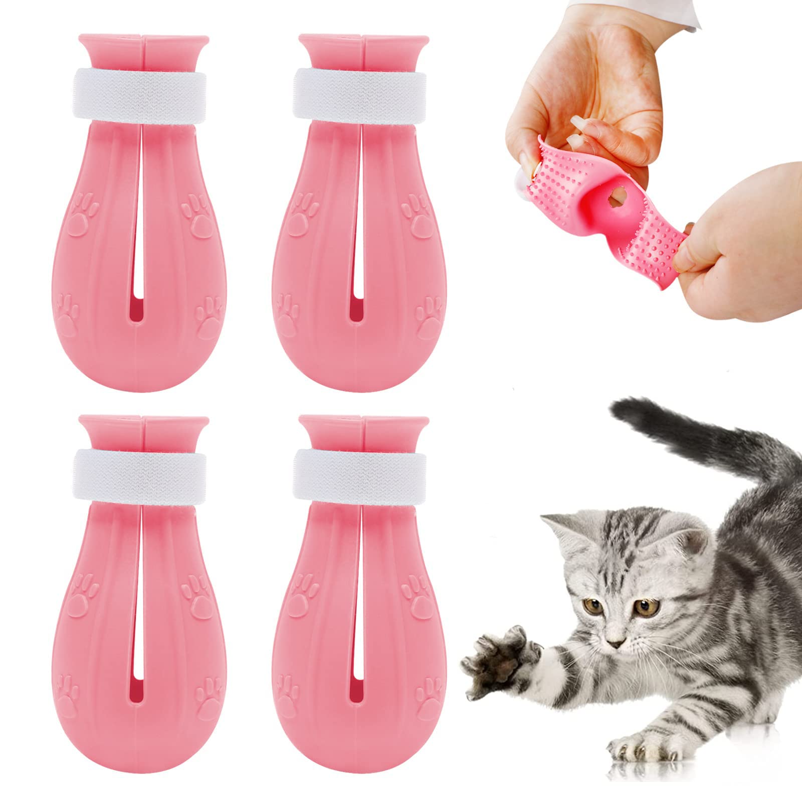Cat Boots for Cats Only, 4 PCS Anti-scratch Cat Foot Covers Adjustable Prickly Anti-off Cat Shoes, Silicone Cat Paw Covers Protector Claw Care for Cats Bathing Grooming Shaving and Treatment (Pink)