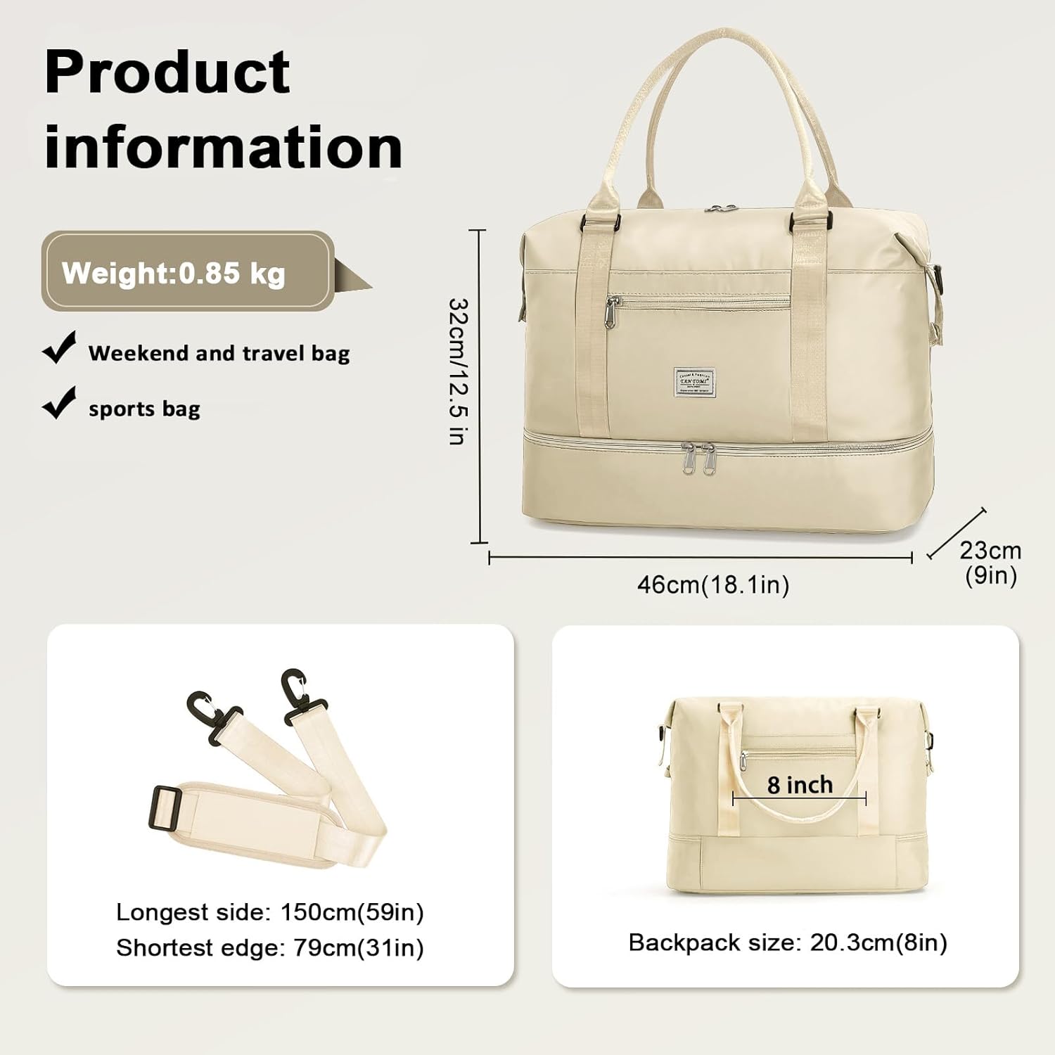 TANTOMI Travel Duffle Bag for Women Personal Item Travel Bag with Shoes Compartment, Weekender Overnight Bag Carry On Duffle Bag Tote Gym Bag for Travel, Sports, Hospital, Dance, Beige