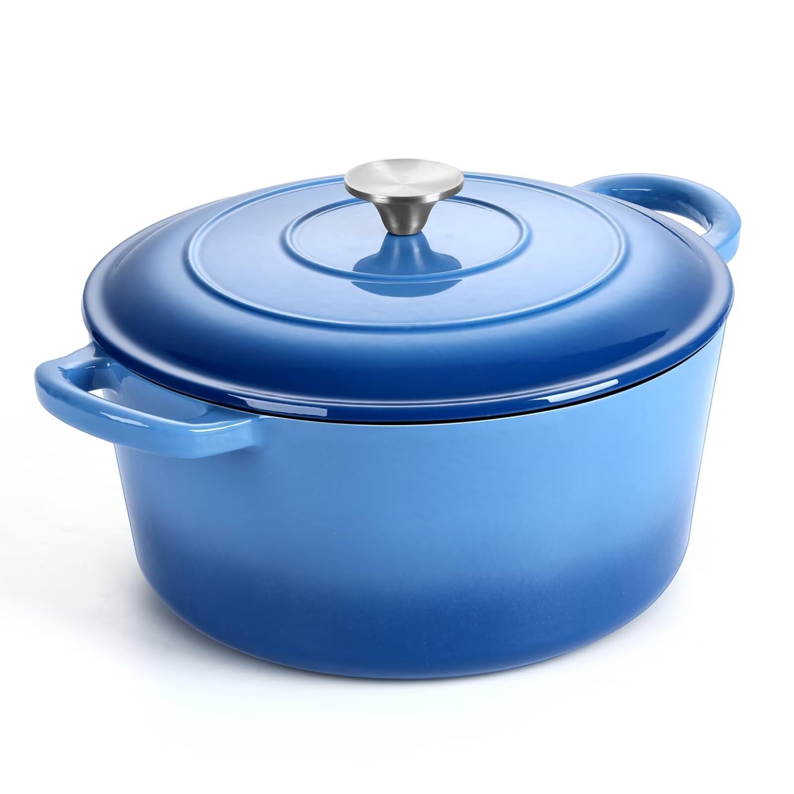 P&P CHEF 6QT Enameled Dutch Oven, Cast Iron Dutch Oven Pot with Lid for Bread Baking, Enameled Casserole Pot for Roasting Braising Stewing Frying Simmering, Various Stoves & Easy Clean, Blue