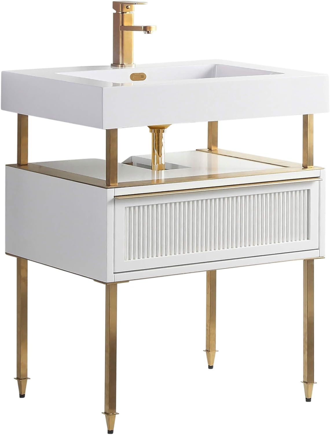 Fine Fixtures Dakota Collection 30 Inch Bathroom Vanity with Sink, Black Sink, White with Satin Brass Hardware, Full Assembly Required, Elegant Bathroom Vanities for Modern Homes