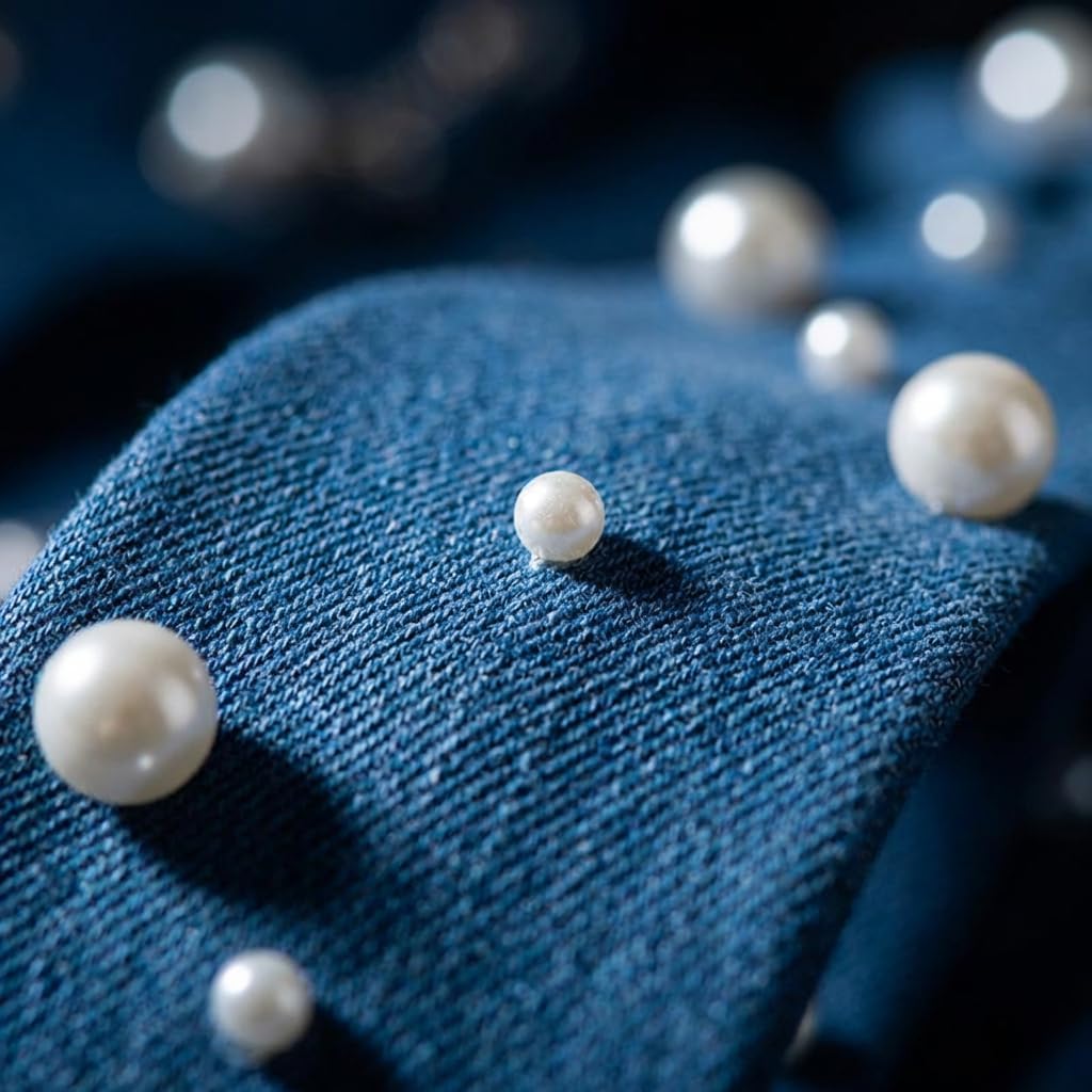 Denim Tie with Pearls, Blue Stylish Fashion Necktie