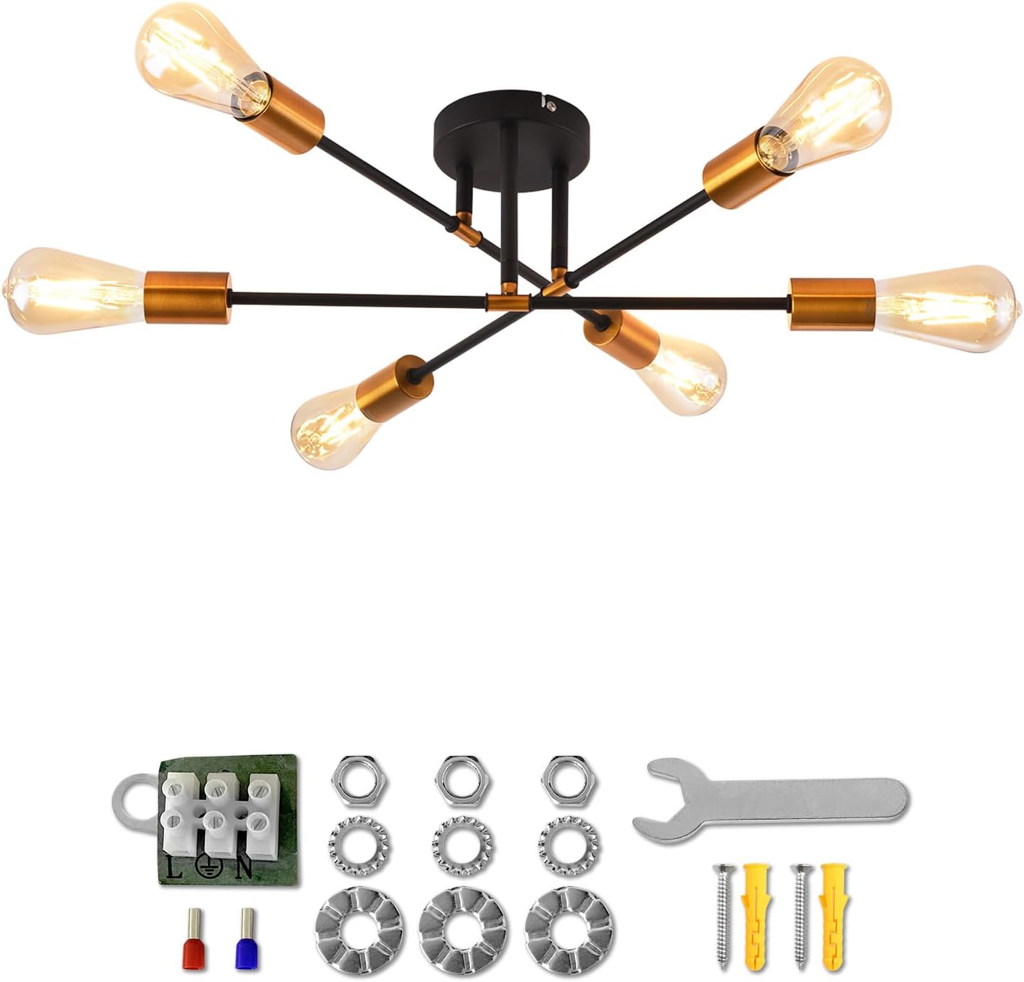 ANWIO Ceiling Light Vintage Ceiling Light Retro 6 Bulbs Living Room Lamp Industrial E27 Black Gold Metal Bedroom Lamp for Bedroom Kitchen Dining Room Living Room (without Bulb) einstellbar-Gold
