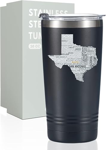 Onebttl Texas Gifts for Men Women, Texas Souvenirs Travel Homesick Gift, 20oz Stainless Steel Tumbler with Lid Straw, Perfect for Christmas - Black Map