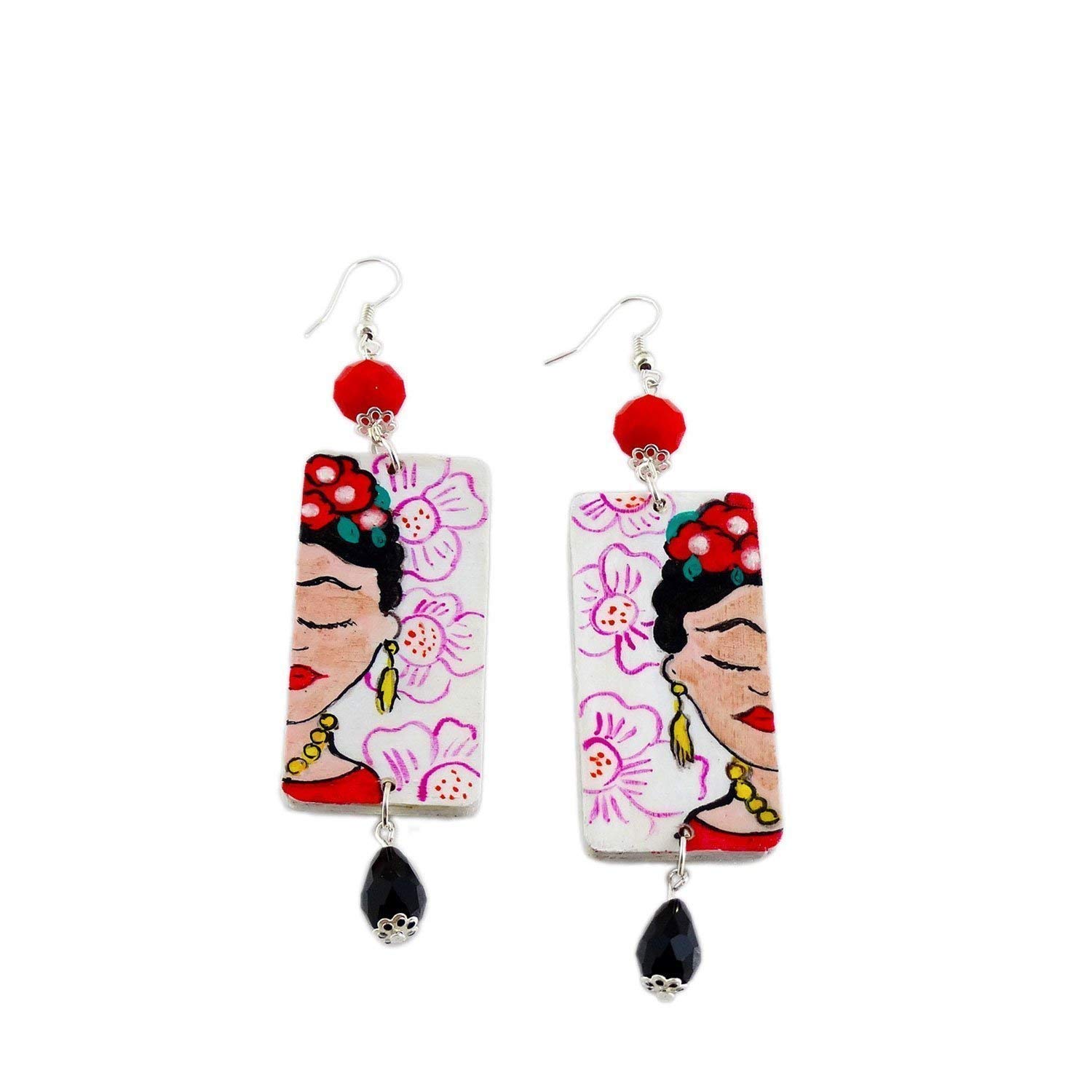 Boucles d'oreilles peintes à la main - JE L'AIME INSPIRÉ DE FRIDA KAHLO - Boucles d'oreilles pour femmes, Bijoux en bois peint, Crochet en argent, Made in Italy, Bijoux, Artisanat
