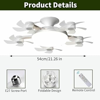 Socket Fan Light, Screw in Ceiling Fan with Remote Control Light Bulb Dimmable 3 Color Temperatures & 3 Wind Speeds E27 Screw-in Installation for Bedroom, Kitchen, Garage (5 Head)