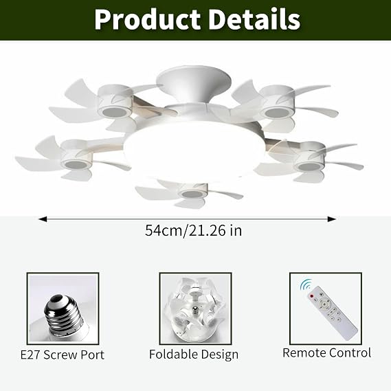 Socket Fan Light, Screw in Ceiling Fan with Remote Control Light Bulb Dimmable 3 Color Temperatures & 3 Wind Speeds E27 Screw-in Installation for Bedroom, Kitchen, Garage (5 Head)