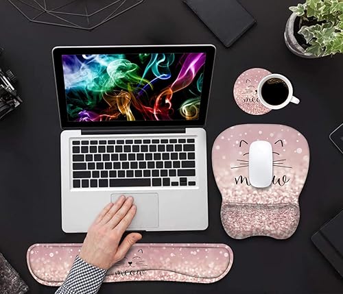 Miniatura 4 de Juego de alfombrilla ergonómica para mouse y reposamuñecas para teclado con posavasos, base de poliuretano antideslizante, fácil de escribir y