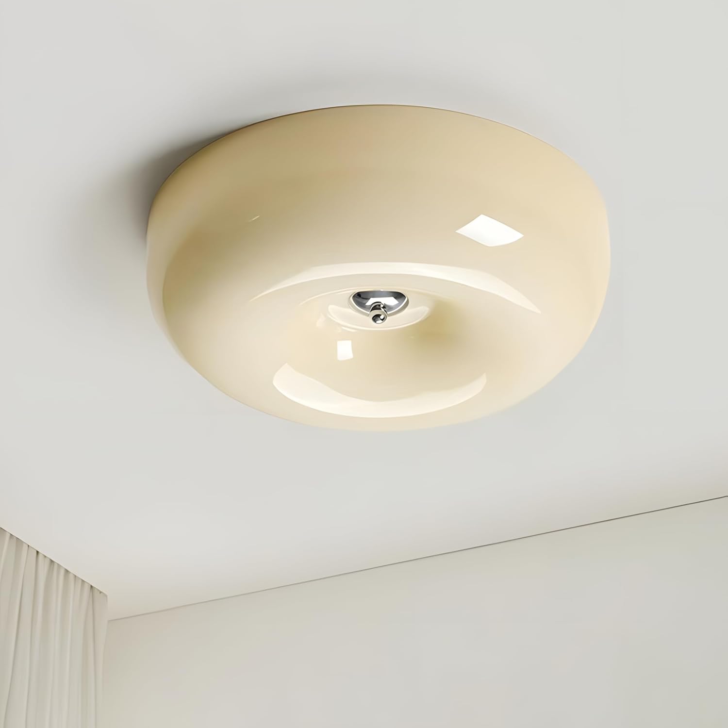 Bofea-Mid Century Modern Milk Yellow Glass Ceiling Light,Round Large LED Flush Mount Ceiling Light with Donut Glass Shade,Nordic 3 Color Dimming Close to Ceiling Lamp for Entryway Bedroom Bathroom